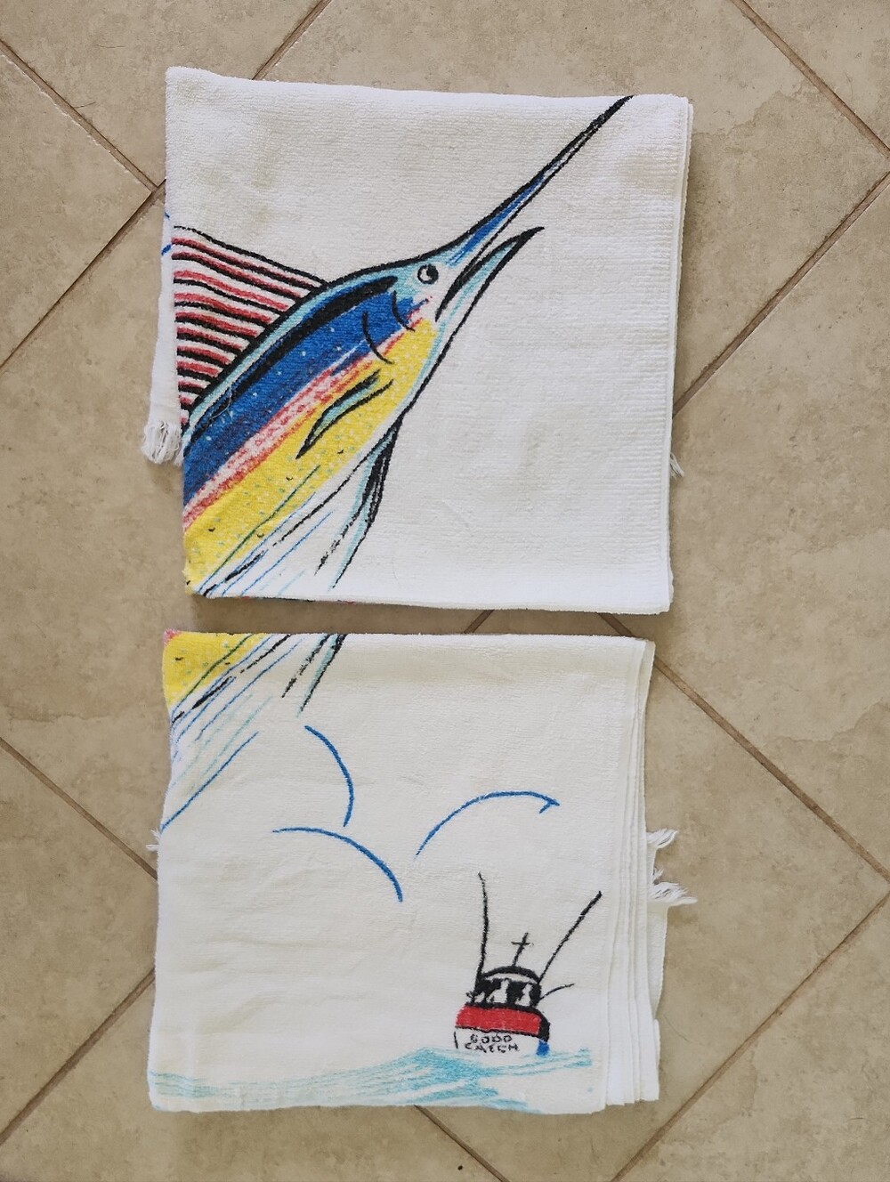Lot of 2 Vtg Cannon Beach Towel w fringe Good Catch Sailfish graphic 60s 70s